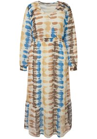 Lang, vloeiende jurk in een tie-dye patroon met blauwe, bruine en beige kleuren. Gemaakt van zachte stof met lange mouwen en een losse pasvorm.