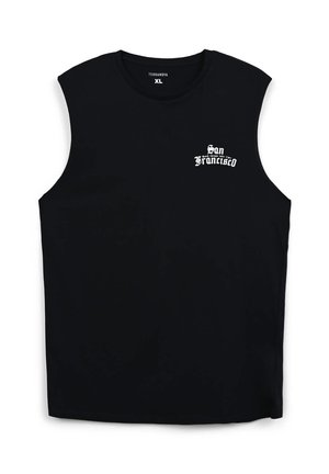 T-shirt senza maniche nera in cotone, con una grafica bianca con il testo "San Francisco" sulla parte sinistra del petto. Taglia XL.