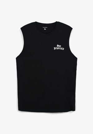 T-shirt senza maniche nera in cotone, con una grafica bianca con il testo "San Francisco" sulla parte sinistra del petto. Taglia XL.