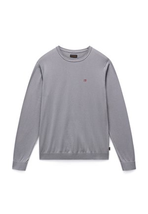 Light gray long-sleeve sweater with a crew neck, ribbed cuffs and hem, featuring a small red embroidered logo on the chest. Soft texture.