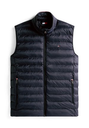 Marineblaue Steppweste mit horizontalem Steppmuster, hohem Kragen, Frontreißverschluss und zwei Seitentaschen mit eleganten schwarzen Reißverschlüssen.