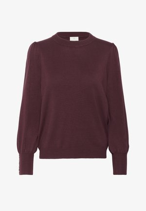 Bordo pulover s dugim rukavima, rebrastim izrezom i manžetama, s diskretnim detaljima puf rukava. Mekana pletena tekstura.