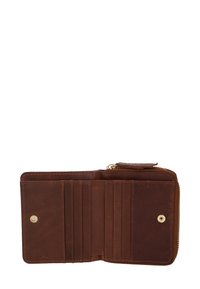 Brown leather wallet with a zip-around closure. Interior includes multiple card slots, a coin pocket, and a button snap for security.