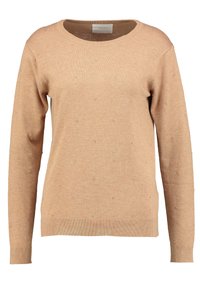 Beige gestrickter Pullover mit rundem Ausschnitt, langen Ärmeln und ungleichmäßig verteilten Perlenverzierungen. Gerippte Bündchen und Saum.