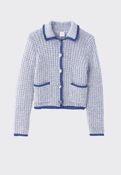 Blue and white cropped cardigan with a textured, ribbed pattern, featuring a collared neckline, button closure, and two front pockets.