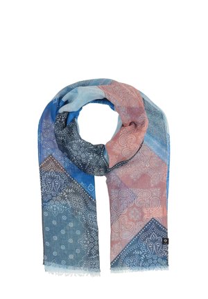 Lichte, meerkleurige sjaal met paisleypatronen in blauw, roze en grijs; heeft franjes aan de randen voor textuur en detail.