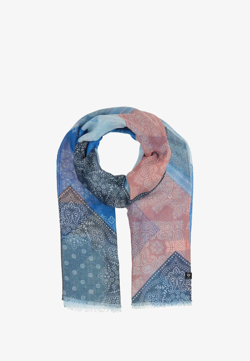 Leichter, mehrfarbiger Schal mit Paisleymustern in Blau, Pink und Grau; mit Fransenbesatz für Struktur und Detail.