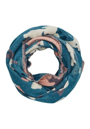 Měkká nekonečná šála z tkaniny v tyrkysové barvě s krémovými, růžovými a hnědými abstraktními vzory, stočená do kruhového tvaru.