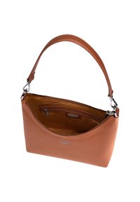 Braune Lederhandtasche mit strukturiertem Finish, gewölbtem Oberteil und einem verstellbaren Einzelriemen. Verfügt über eine innere Reißverschlusstasche und Logo-Details.