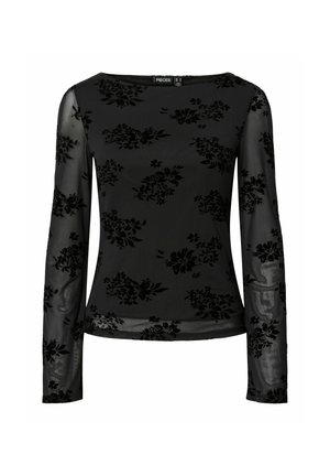 T-shirt noir à manches longues en tissu transparent, présentant un motif floral mat avec des accents en relief, un col rond et une forme ajustée.