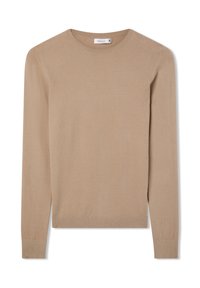 Maglione lavorato a maglia beige con scollo rotondo, maniche lunghe e polsini e orlo a coste. Texture liscia con dettagli minimi.