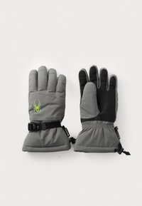 Gants isolés gris avec paumes texturées noires, sangles ajustables et poignets élastiques. Présentent un logo d'araignée vert dans la zone du poignet.