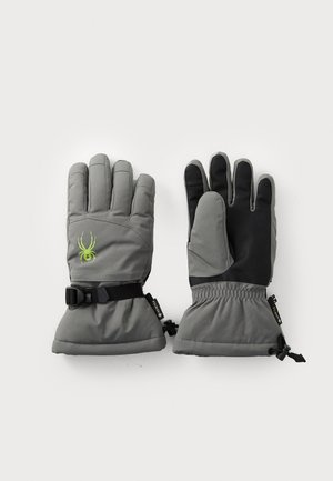 Luvas isolantes cinzentas com palmas texturizadas pretas, correias ajustáveis e punhos elásticos. Apresentam um logótipo de aranha em verde na área do pulso.