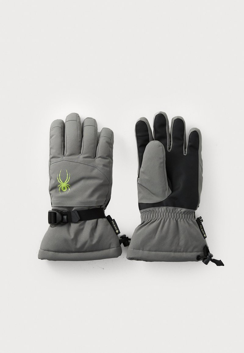 Gants isolés gris avec paumes texturées noires, sangles ajustables et poignets élastiques. Présentent un logo d'araignée vert dans la zone du poignet.