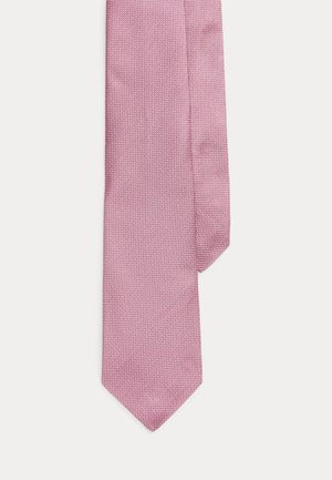 Ροζ γραβατάκι με υφή και γεωμετρικό σχέδιο, στενό σχήμα και μυτερό άκρο. Κατασκευασμένο από ύφασμα με διακριτική γυαλάδα και ελαφρύ βάρος.