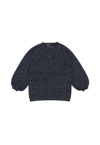 Granatowy sweter o fakturowym wzorze, z okrągłym dekoltem i balonowymi rękawami, charakteryzujący się luźnym krojem i prążkowanym wykończeniem.