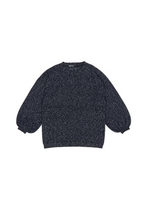 Temno modra teksturirana pulover s posipanimi vzorci, okroglo ovratnico in balonastimi rokavi, ki ima sproščen kroj in rebrast rob.