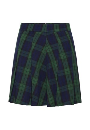 Marineblauwe en groene geplooide rok met een tartan patroon en een ritssluiting aan de achterkant.