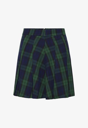 Mørkeblå og grøn plisseret nederdel med tartanmønster og lynlåslukning bagpå.