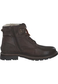 Brown leather ankle boot with faux fur lining, lace-up front, side zipper, and rugged rubber sole with tread for traction.