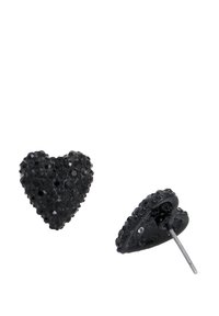 Orecchini a forma di cuore neri con superficie testurizzata adornati da cristalli neri, dotati di chiusura a perno.