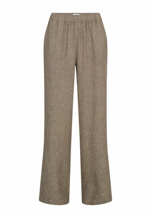 Barna, bőszárú lenvászon nadrág elasztikus derékrésszel és oldalzsebekkel, kényelmes szabadidős viseletre tervezve.