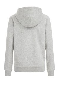 Šedá mikina s kapucí, vyrobená z měkké směsi bavlny. Obsahuje žebrované manžety a spodní lem, šité švy a jednoduchý design na zadní straně.