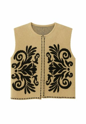 Gilet beige con ricami floreali neri sul davanti, scollatura rotonda, apertura frontale e bordo contrastante nero lungo i bordi.