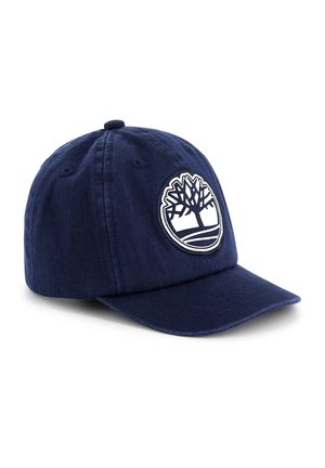 Casquette de baseball en coton bleu marine avec une visière courbée, ornée d'un logo d'arbre brodé en blanc à l'avant et de trous de ventilation sur la couronne.