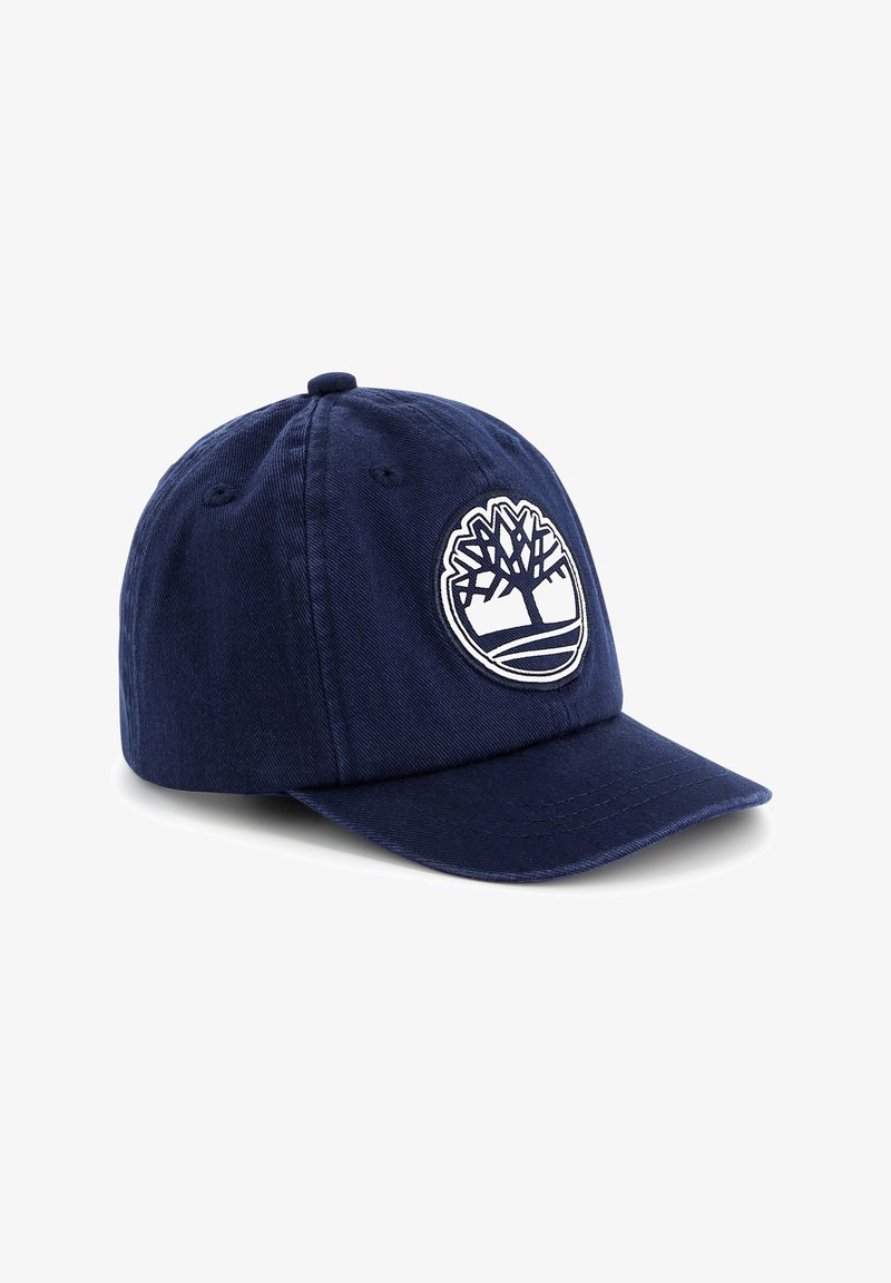 Casquette de baseball en coton bleu marine avec une visière courbée, ornée d'un logo d'arbre brodé en blanc à l'avant et de trous de ventilation sur la couronne.