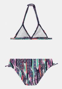 Bikini-Set mit triangleschalen Oberteil und Bikinihose, aus einem dehnbaren Stoff mit einem mehrfarbigen abstrakten Muster in Marineblau, Pink und Grün.