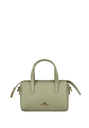 Borsa a mano in pelle verde con superficie texturizzata, due manici superiori, chiusura con zip e logo dorato. Forma rettangolare compatta con zip laterale.