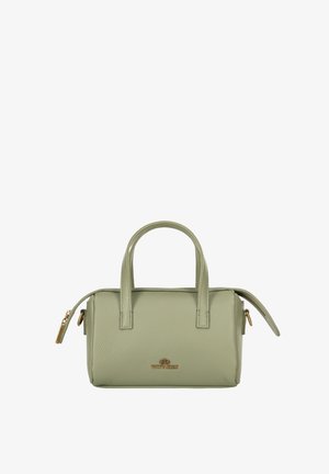 Borsa a mano in pelle verde con superficie texturizzata, due manici superiori, chiusura con zip e logo dorato. Forma rettangolare compatta con zip laterale.