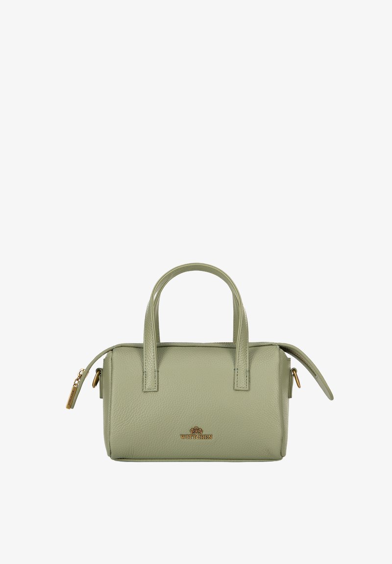 Groene leren handtas met een gestructureerd oppervlak, twee bovenhandvatten, een ritssluiting en een gouden logo. Compacte rechthoekige vorm met een zijrits.