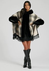 South Beach FAUX FUR CHECK FRINGE PONHCO - Poncho - black