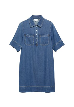 Blaues Jeans-Kurzarmkleid mit Kragen, vorderer Knopfleiste, zwei Brusttaschen und sichtbaren Nähten an Ärmeln und Saum.