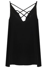 Top nero senza maniche con scollatura a V profonda e design incrociato sul retro. Realizzato in tessuto morbido con vestibilità ampia e dettagli minimi.