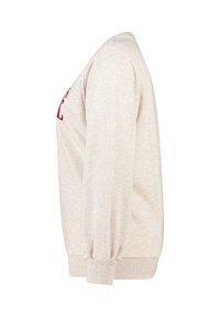Sweatshirt beige à manches longues avec des bords côtelés aux poignets et à l'ourlet, présenté de côté sur un fond blanc.
