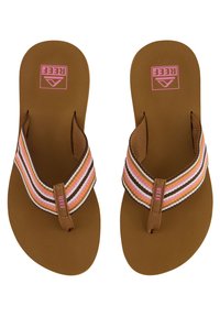 Brown flip-flops with a textured sole. The strap features colorful, striped fabric in pink, orange, and brown, with a logo at the center.