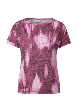 T-shirt rosa a maniche corte con un motivo testurizzato, caratterizzato da una stampa grafica e accenti di cristallo sul davanti. Tessuto morbido e leggero.