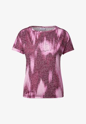 T-shirt rosa a maniche corte con un motivo testurizzato, caratterizzato da una stampa grafica e accenti di cristallo sul davanti. Tessuto morbido e leggero.