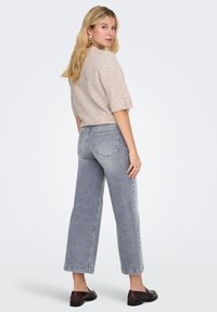 Svetlo sivi skrajšani pulover, visokopasne svetlo modre kavbojke in temno rjavi čevlji. Kavbojke imajo sproščen kroj z žepi na hrbtni strani.