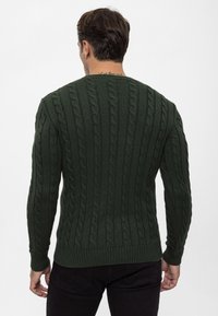 Maglione verde scuro con motivo a trecce, polsini e orlo a coste, scollo rotondo e finitura testurizzata, visto da dietro.