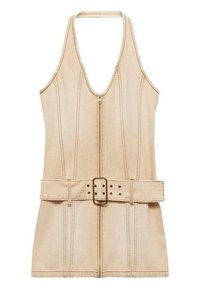 Robe mini en denim beige sans manches avec fermeture éclair à l'avant, décolleté en V profond et ceinture large assortie avec boucle en métal.