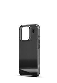 Funda de teléfono negra con un diseño delgado, bordes redondeados y un corte para la cámara, con un acabado brillante y accesibilidad a los botones laterales.