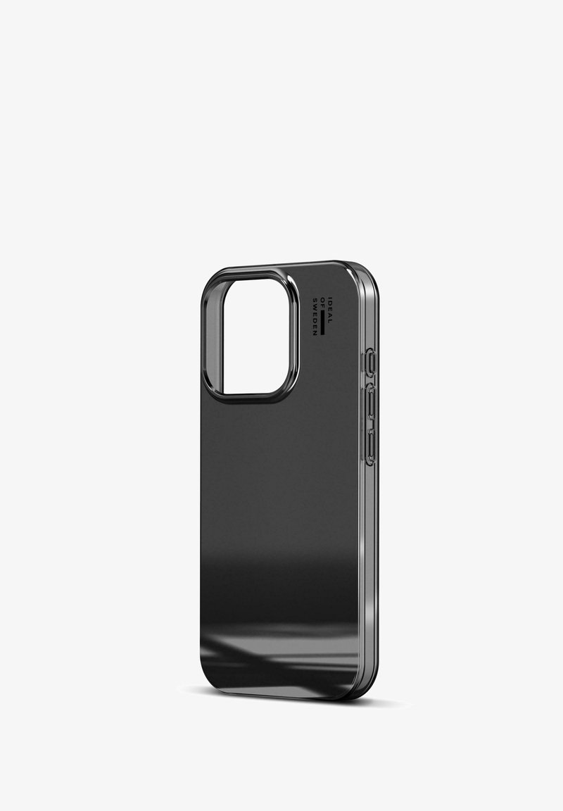 Funda de teléfono negra con un diseño delgado, bordes redondeados y un corte para la cámara, con un acabado brillante y accesibilidad a los botones laterales.
