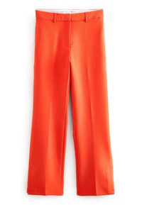 Bright orange, wide-leg trousers with a smooth texture, featuring a flat front and side pockets, made from lightweight fabric.