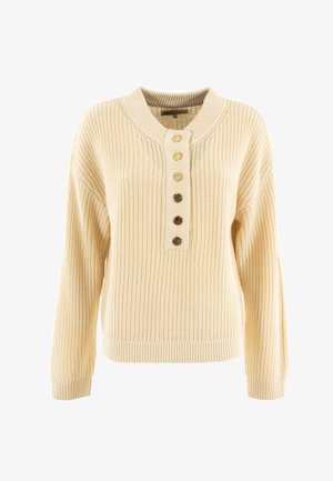 Suéter de punto color crema con cuello con solapa, que presenta una tapeta de botones con cuatro botones redondos dorados y puños y dobladillo acanalados.