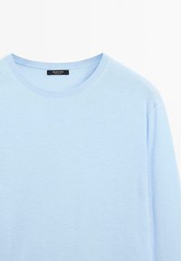 Maglione azzurro chiaro realizzato in morbido tessuto. Presenta un collo rotondo e bordi a costine. L'etichetta riporta "Massimo Dutti." Nessun motivo o dettaglio decorativo.
