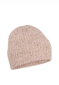 Gehaakte beanie in lichtroze met een geribbelde structuur, met subtiele spikkels. Zacht wolmengsel, ronde vorm en opgerolde rand.